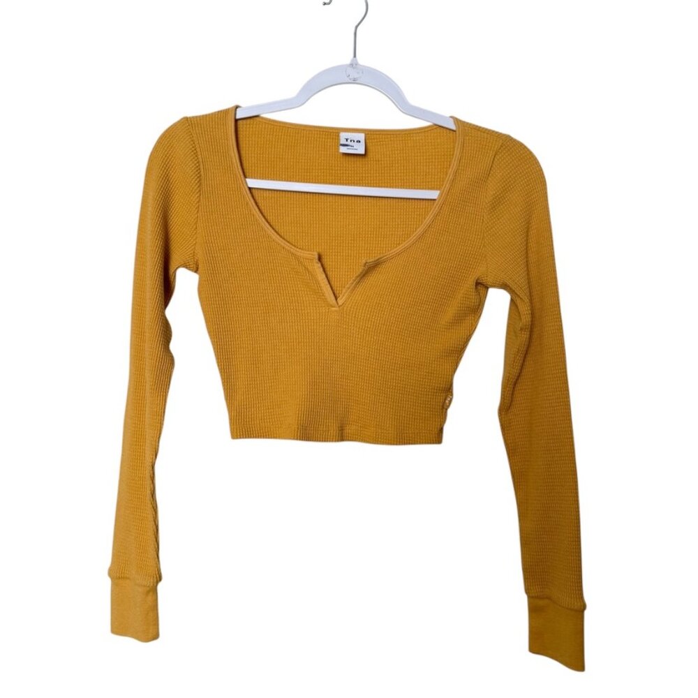 Aritzia TNA V Neck Thermal Long Sleeve Crop Shirt Women XS Mustard Yellow